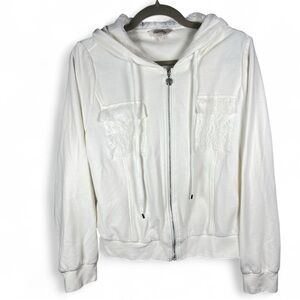 Like New White Pink Mary Ribbed Lace Hooded Zip Up Side Pockets Size Large